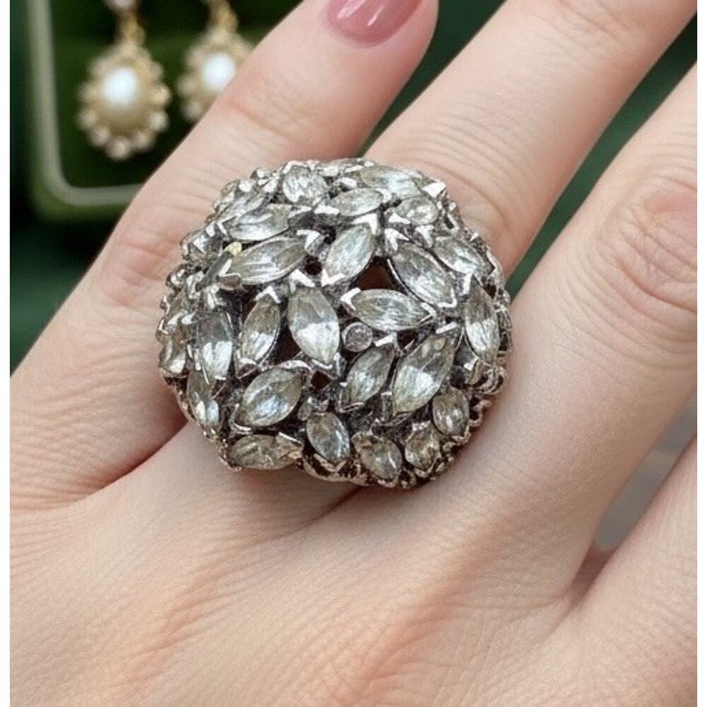 Panetta Vintage Sterling Silver Shank Rhinestone Glass Cocktail Ring Size 7